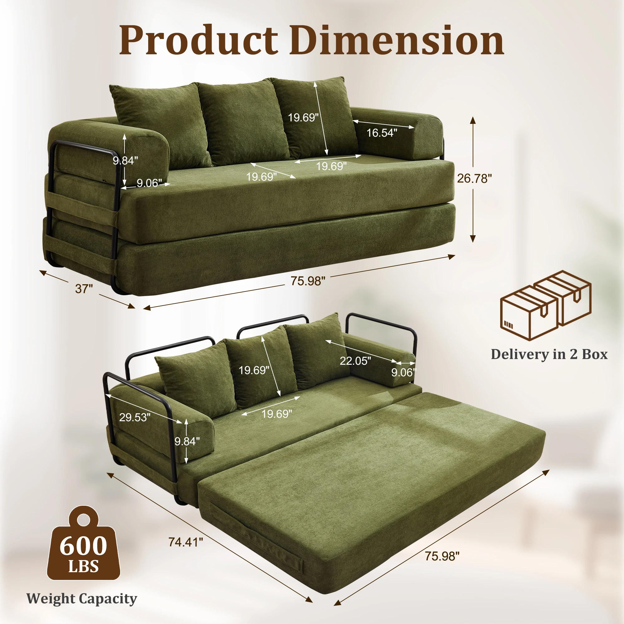 Korser Convertible Sofa Bed with Pillows Modular Floor Sofa with Fixed-Shape Frame Chenille Removable Folding Mattress Couch - Image 3
