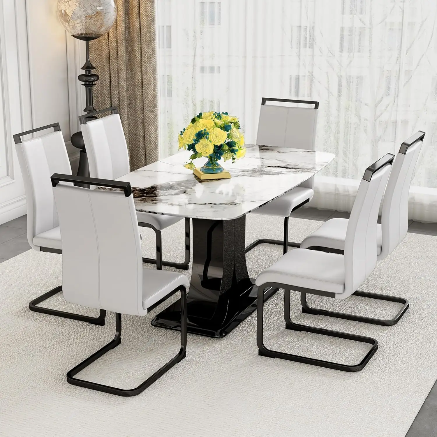 Marble Dining Table Set for 6,Modern Kitchen Table Chair Set for 6,7 Piece Dining Room Table Set,63Rectangular White Faux Marble - Image 2