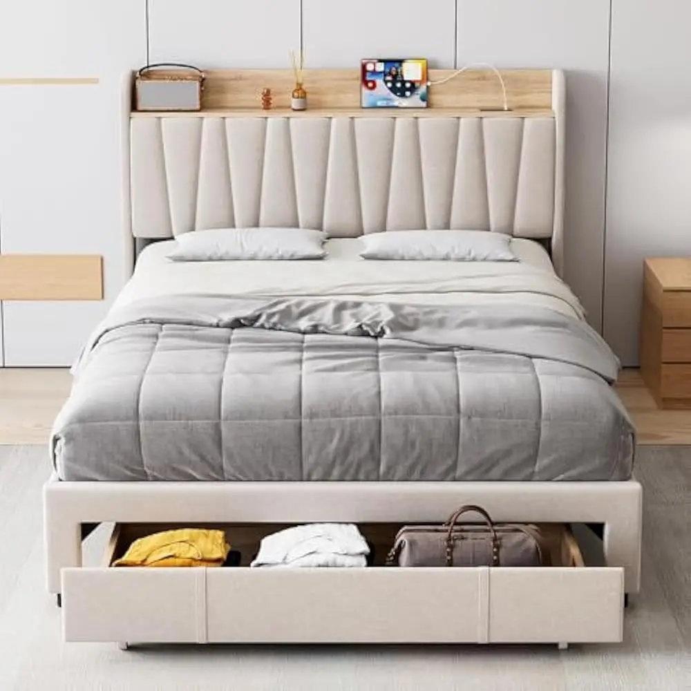 Full Size Bed Frame with Storage Headboard &Charging Station, Metal Platform BedFrame with Large Drawers, No Box Spring Needed - Image 2