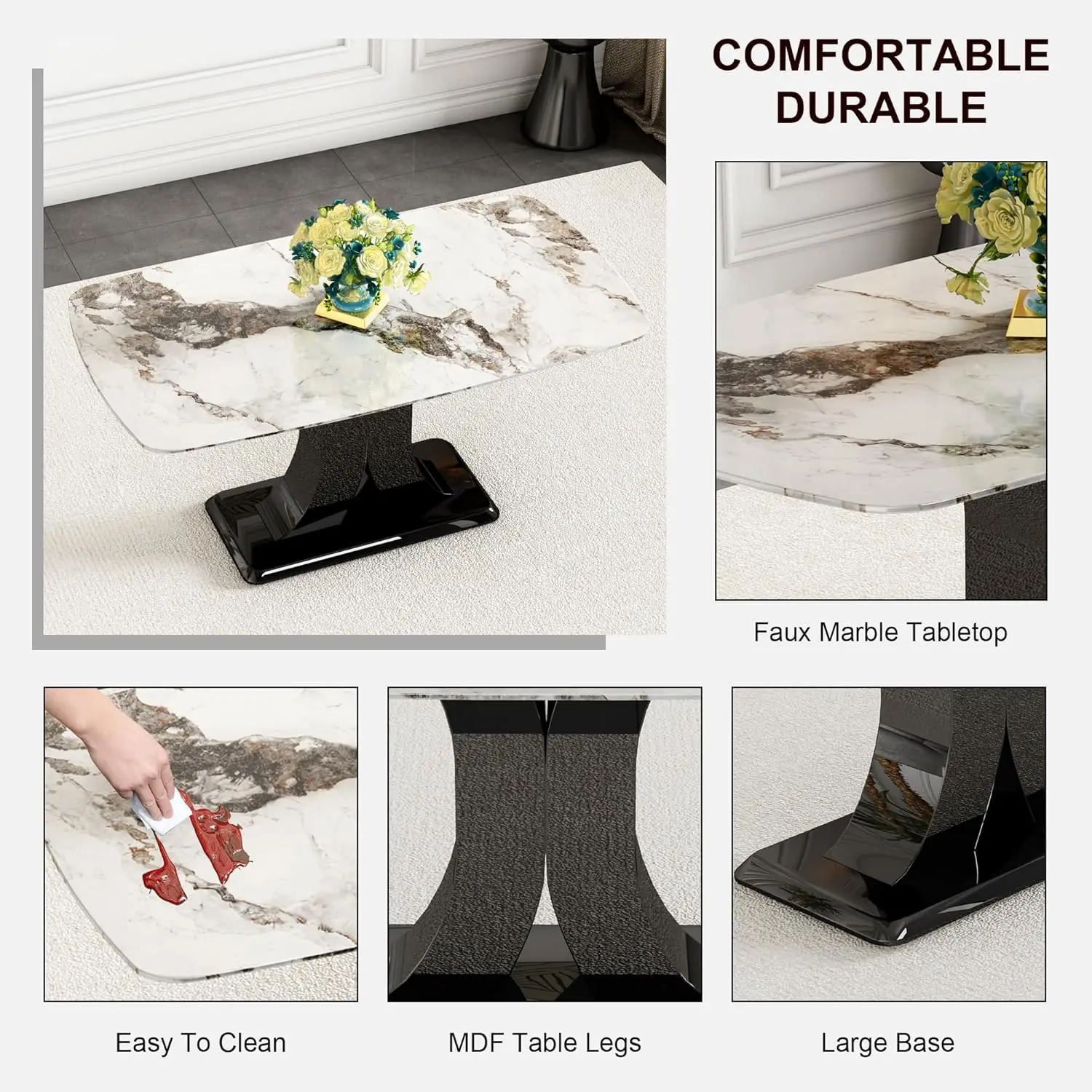 Marble Dining Table Set for 6,Modern Kitchen Table Chair Set for 6,7 Piece Dining Room Table Set,63Rectangular White Faux Marble - Image 5