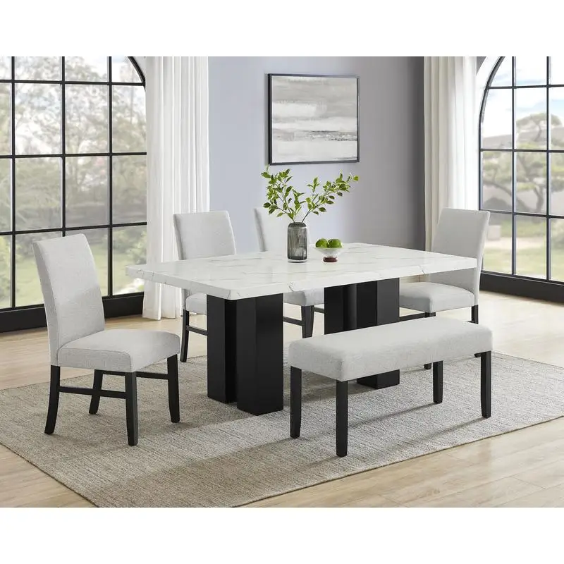 6-Pc Dining Set, White Rectangular Marble Tabletop, Dark Finish Base, Upholstered Chairs & Bench, Soft Wood Furniture for