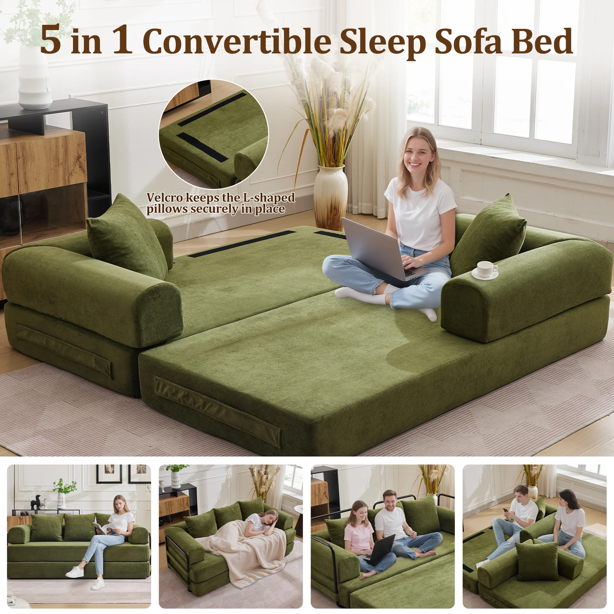 Korser Convertible Sofa Bed with Pillows Modular Floor Sofa with Fixed-Shape Frame Chenille Removable Folding Mattress Couch - Image 4