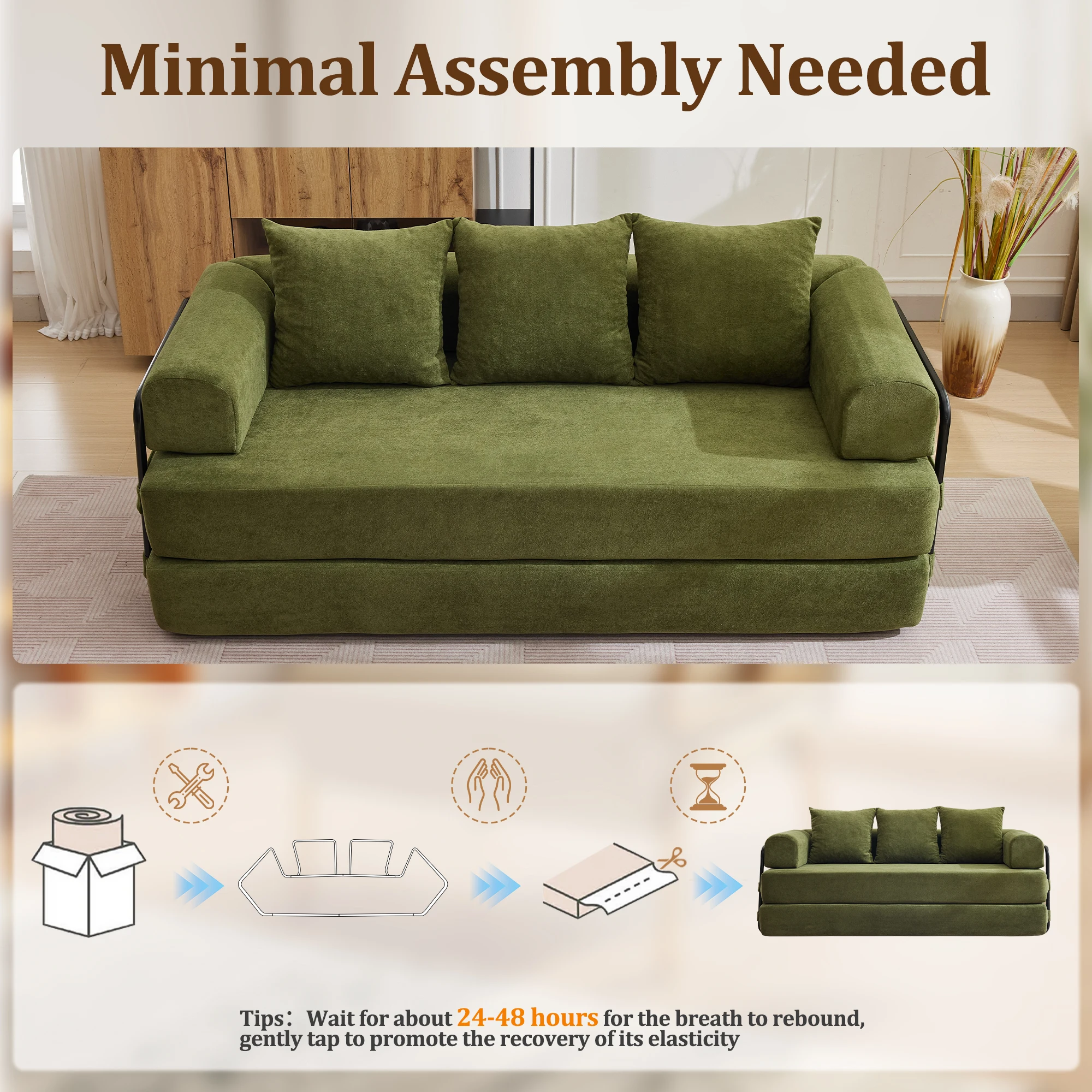 Korser Convertible Sofa Bed with Pillows Modular Floor Sofa with Fixed-Shape Frame Chenille Removable Folding Mattress Couch - Image 6