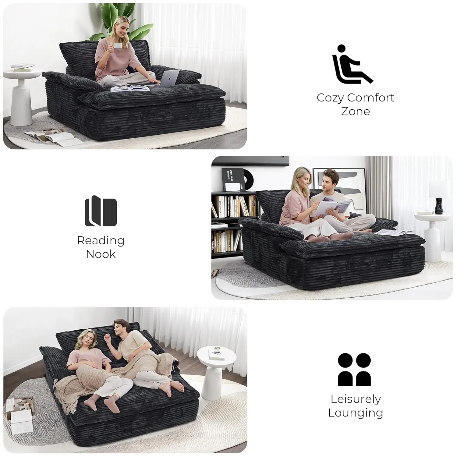 LIKIMIO 59'' Oversized Chaise Lounge Chair Sofa Bed - Plush Corduroy Upholstered Reading Chair, Cloud Couch for Living Room - Image 3
