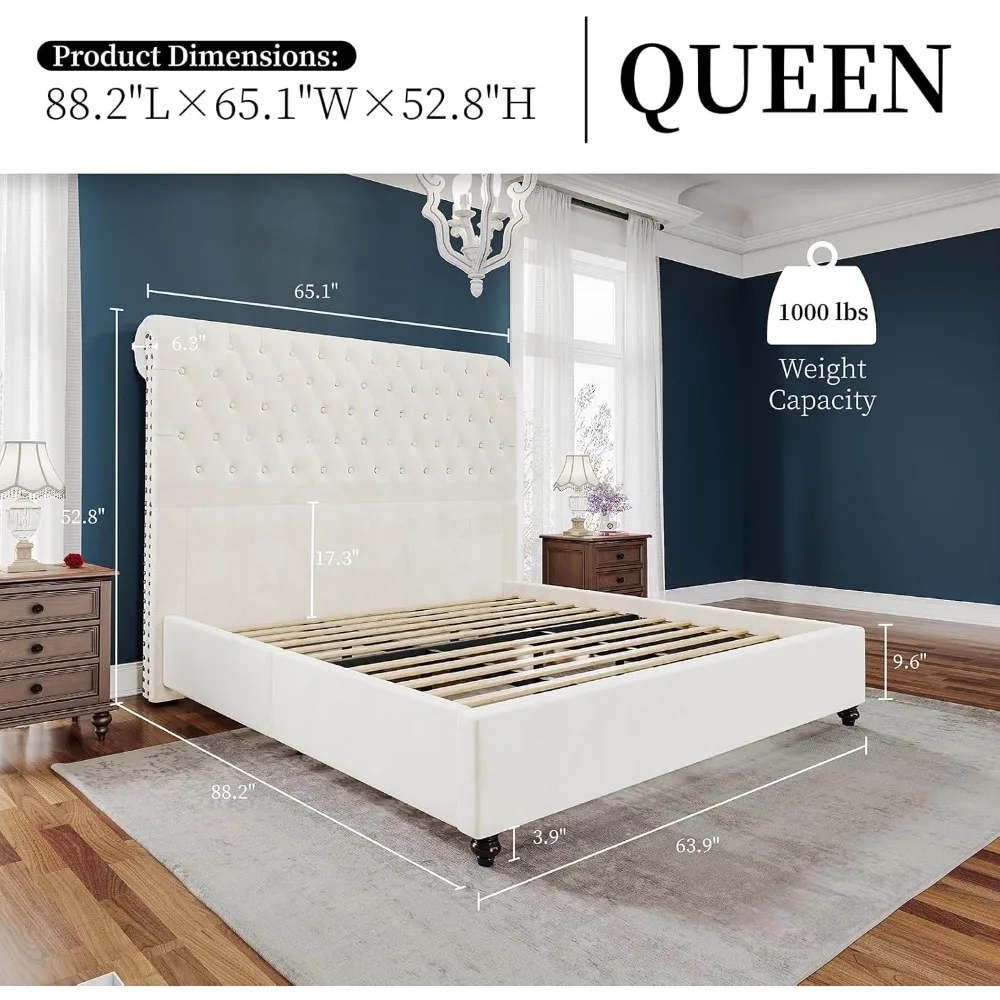 PaPaJet Bed Frame Queen Size Upholstered Platform Bed with 52.8'' Tall Sleigh Headboard, Button Tufted, No Box Spring Needed, Ea - Image 2