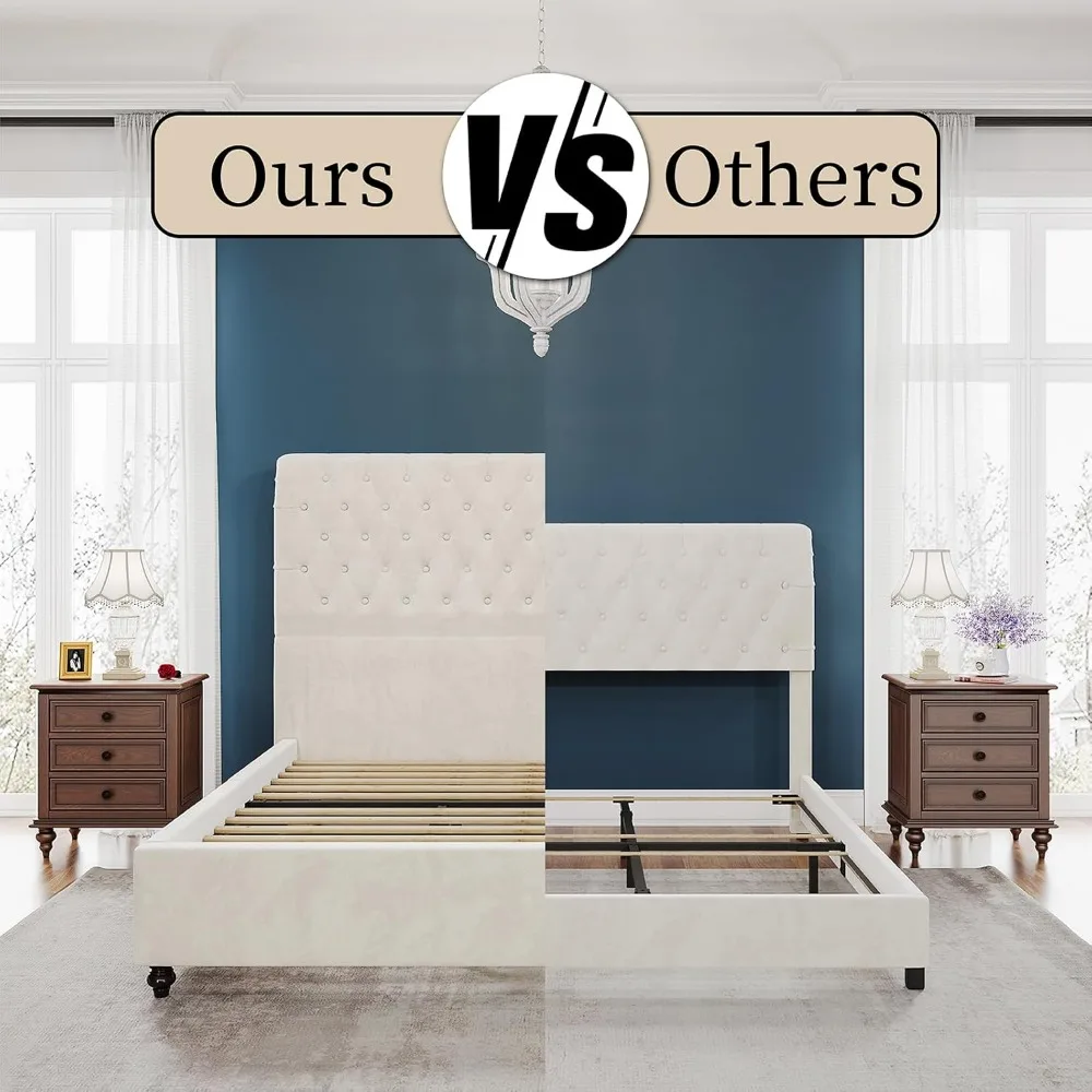 PaPaJet Bed Frame Queen Size Upholstered Platform Bed with 52.8'' Tall Sleigh Headboard, Button Tufted, No Box Spring Needed, Ea - Image 6