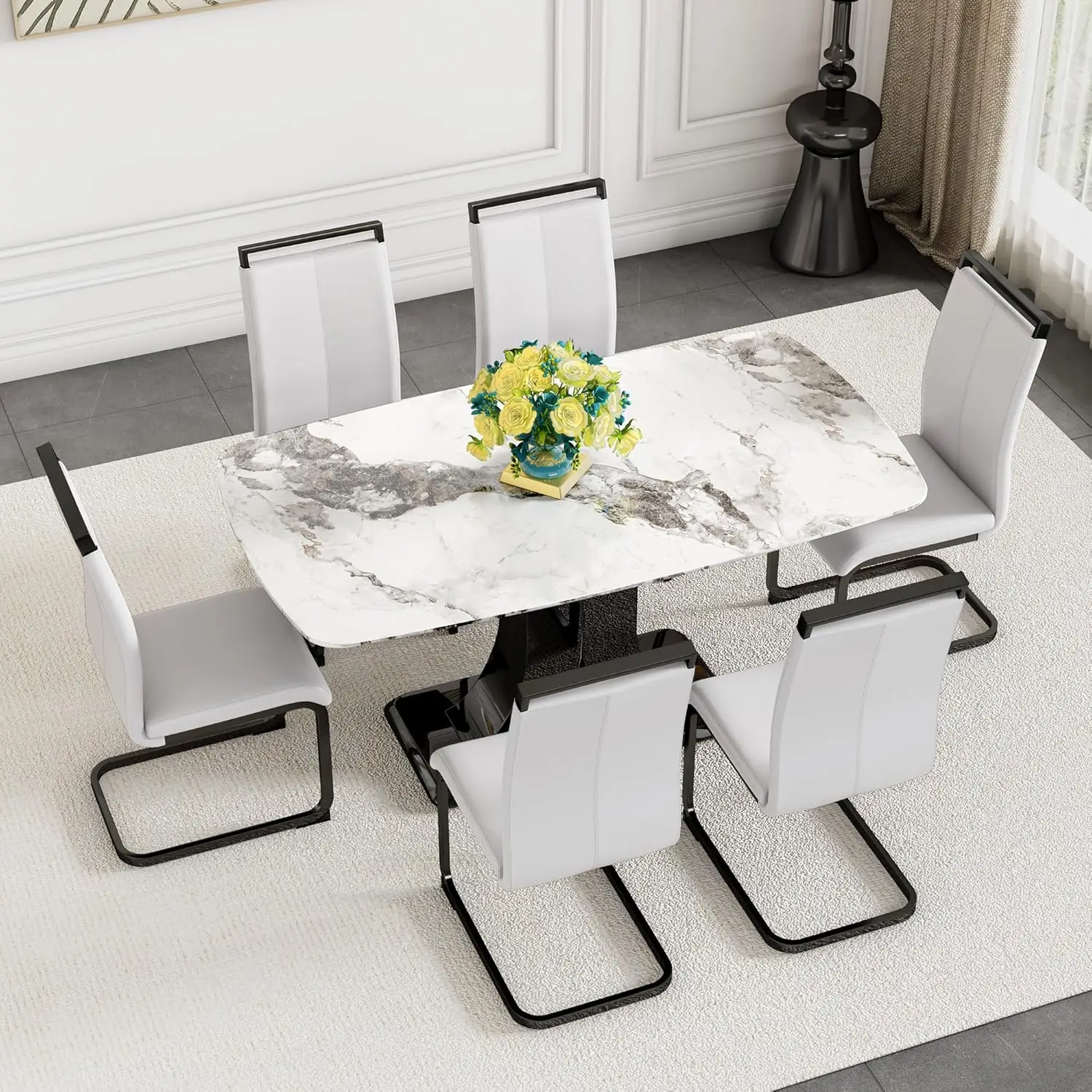 Marble Dining Table Set for 6,Modern Kitchen Table Chair Set for 6,7 Piece Dining Room Table Set,63Rectangular White Faux Marble - Image 3