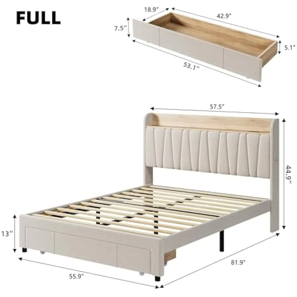 Full Size Bed Frame with Storage Headboard &Charging Station, Metal Platform BedFrame with Large Drawers, No Box Spring Needed - Image 6